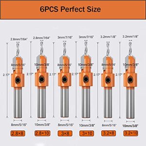 Countersink Drill Bit Set, Wood Hole Timber Working Drill Bits for Wood Screw Cutter Adjustable with Hex Key Wrench 6 Sizes 2.8×8, 2.8×10, 3×8, 3×10, 3.2×8, 3.2×10