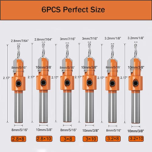 Countersink Drill Bit Set, Wood Hole Timber Working Drill Bits for Wood Screw Cutter Adjustable with Hex Key Wrench 6 Sizes 2.8×8, 2.8×10, 3×8, 3×10, 3.2×8, 3.2×10