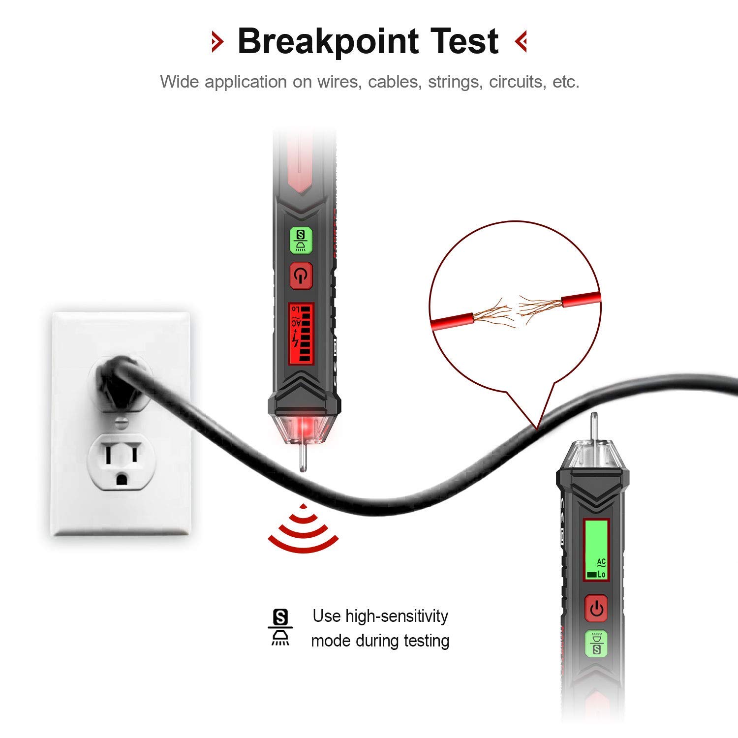 KAIWEETS HT100 Non Contact Voltage Tester AC Electricity Detect Pen 12V-1000V/48V-1000V Dual Range with LCD Display LED Flashlight Buzzer Alarm Wire Breakpoint Finder