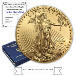 1986 - present (random year) 1/4 oz american gold eagle coin brilliant uncirculated (type 1 or type 2) in original united states mint box with certificate of authenticity 22k $10 bu