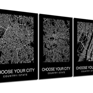 Custom Map Wall Art Print Poster 3 Pieces City Map Street Black & White