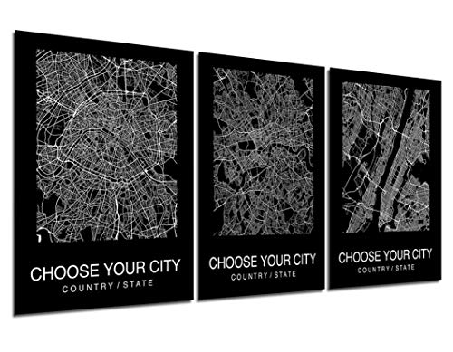 Custom Map Wall Art Print Poster 3 Pieces City Map Street Black & White