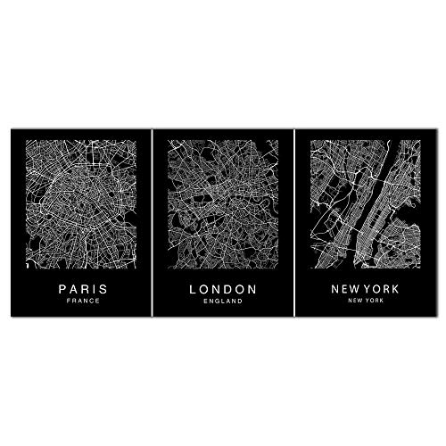 Custom Map Wall Art Print Poster 3 Pieces City Map Street Black & White