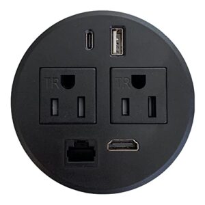 round desktop conference room power grommet outlet, fits 3 1/8" - 3 1/4" 2 (tr) ac outlets, 2 usb charging ports, 1 cat 6, 1 hdmi, etl listed (dc-8689-black)