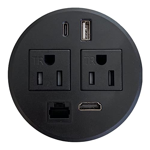 Round Desktop Conference Room Power Grommet Outlet, FITS 3 1/8" - 3 1/4" 2 (TR) AC Outlets, 2 USB Charging Ports, 1 CAT 6, 1 HDMI, ETL Listed (DC-8689-Black)