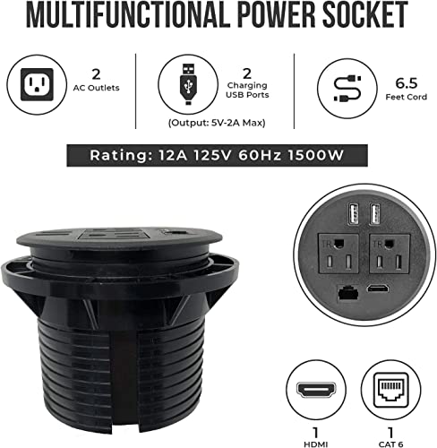 Round Desktop Conference Room Power Grommet Outlet, FITS 3 1/8" - 3 1/4" 2 (TR) AC Outlets, 2 USB Charging Ports, 1 CAT 6, 1 HDMI, ETL Listed (DC-8689-Black)