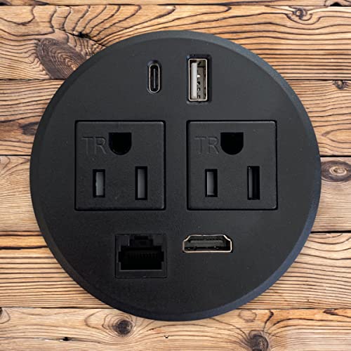 Round Desktop Conference Room Power Grommet Outlet, FITS 3 1/8" - 3 1/4" 2 (TR) AC Outlets, 2 USB Charging Ports, 1 CAT 6, 1 HDMI, ETL Listed (DC-8689-Black)