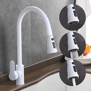 yawhite sleek white kitchen faucet with pull out sprayer, 360 degree swiveling 3-function single handle modern pull down kitchen faucet(white)