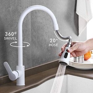 Yawhite Sleek White Kitchen Faucet with Pull Out Sprayer, 360 Degree Swiveling 3-Function Single Handle Modern Pull Down Kitchen Faucet(White)