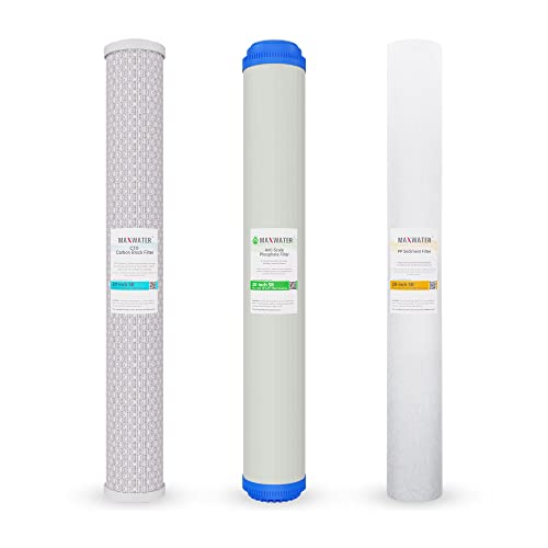 20" Slim Blue Whole House Whole House Anti Scale Filter Set - 20" x 2.5" Polypropylene Sediment, Phosphate Anti-Scale, CTO Carbon Block Water Filter pack, Total of 3 Filters