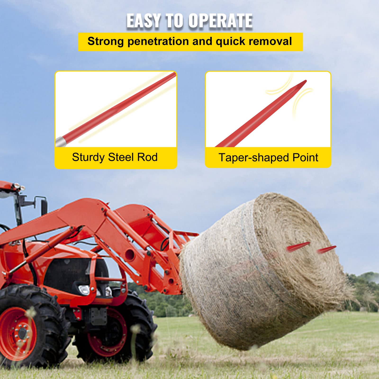 Mophorn Hay Spear 49" Bale Spear 4500 lbs Capacity, Bale Spike Quick Attach Square Hay Bale Spears 1 3/4" wide, Red Coated Bale Forks, Bale Hay Spike with Hex Nut & Sleeve for Buckets Tractors Loaders