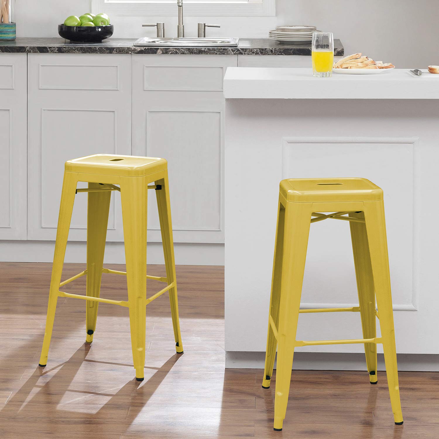 Furniwell 30 Inches Metal Bar Stools High Backless Tolix Indoor-Outdoor Stackable Barstool with Square Counter Seat Set of 4 (Yellow)