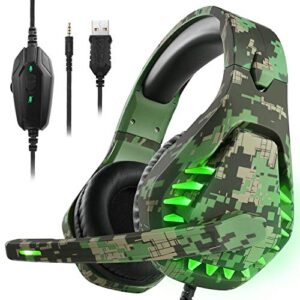 gaming headset for nintendo switch, ps4, xbox one, ps5 controller, laptop, mac, noise cancelling pc headset with mic,7.1 stereo surround sound, cool led light,comfort earmuff, camo green