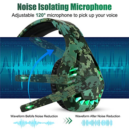 Gaming Headset for Nintendo Switch, PS4, Xbox One, PS5 Controller, Laptop, Mac, Noise Cancelling PC Headset with Mic,7.1 Stereo Surround Sound, Cool LED Light,Comfort Earmuff, Camo Green