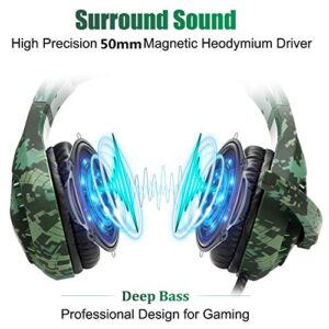 Gaming Headset for Nintendo Switch, PS4, Xbox One, PS5 Controller, Laptop, Mac, Noise Cancelling PC Headset with Mic,7.1 Stereo Surround Sound, Cool LED Light,Comfort Earmuff, Camo Green