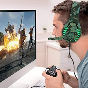 Gaming Headset for Nintendo Switch, PS4, Xbox One, PS5 Controller, Laptop, Mac, Noise Cancelling PC Headset with Mic,7.1 Stereo Surround Sound, Cool LED Light,Comfort Earmuff, Camo Green