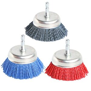 fppo 3pcs 3 inch assorted cup brushes abrasive wire nylon cup brush for drill,grit 80 120 320 with 1/4" shank
