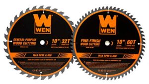 wen bl1032-2 10-inch 32-tooth and 60-tooth carbide-tipped professional woodworking saw blade set, two pack