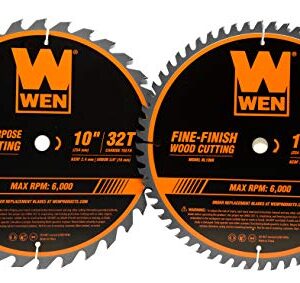 WEN BL1032-2 10-Inch 32-Tooth and 60-Tooth Carbide-Tipped Professional Woodworking Saw Blade Set, Two Pack