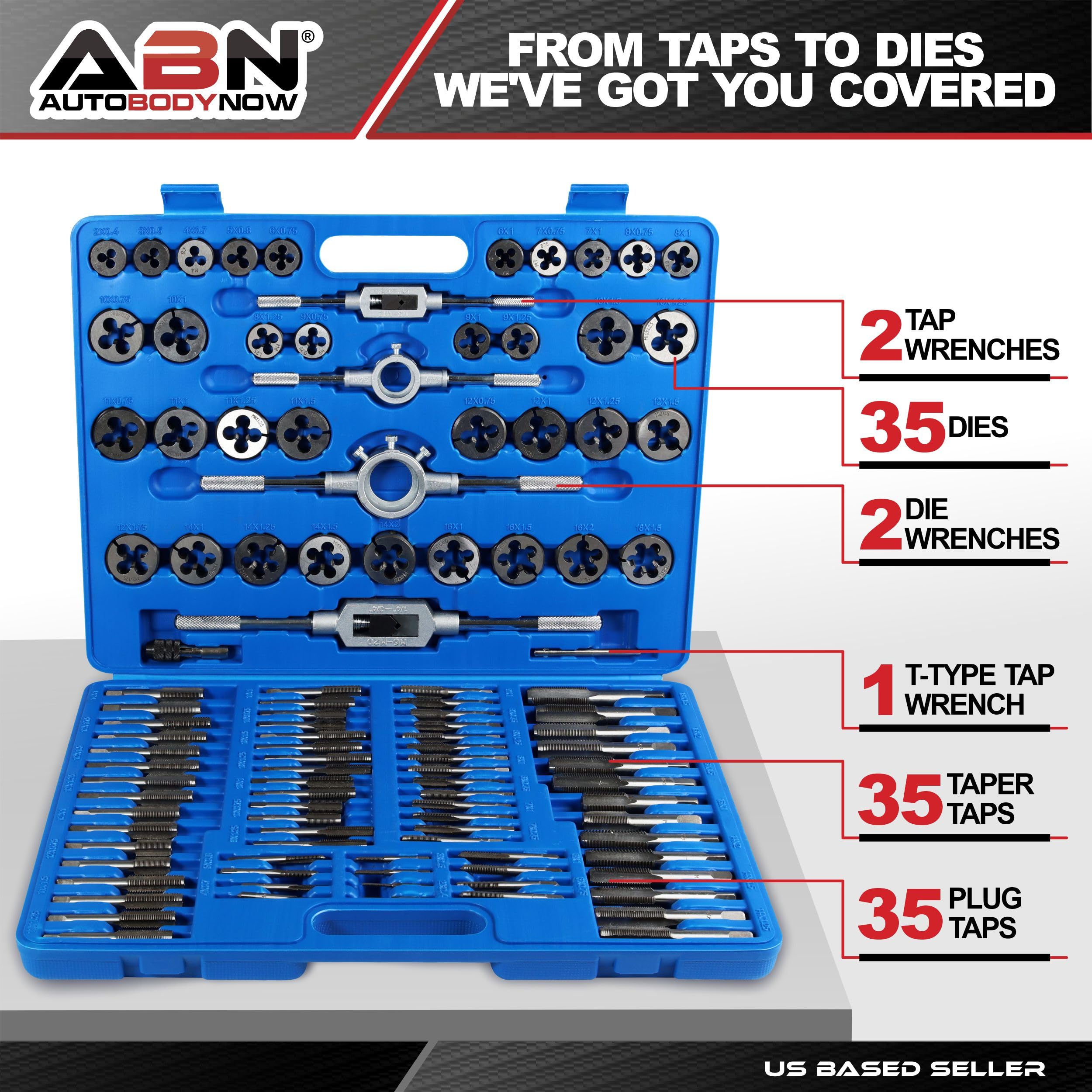 ABN Large Tap and Die Set Metric - 110 Piece Bolt and Pipe Tap Sets for Threading