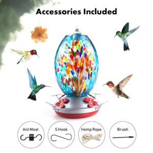 Muse Garden Hummingbird Feeders for Outdoors Hanging, Blown Glass Hummingbird Feeder, for Garden Backyard Decor, Unique Gifts Idea for Mom Older Women, 27OZ, Blue Fireworks