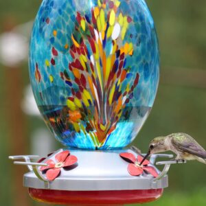 Muse Garden Hummingbird Feeders for Outdoors Hanging, Blown Glass Hummingbird Feeder, for Garden Backyard Decor, Unique Gifts Idea for Mom Older Women, 27OZ, Blue Fireworks