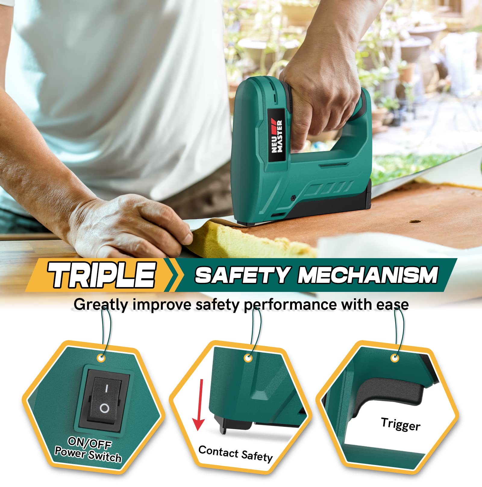 NEU MASTER Staple Gun Cordless, NTC0070 Li-ion Rechargeable Battery Staple Guns kit with Staples and USB Charger, Power Tacker for Upholstery, Material Repair, Decoration, Carpentry, Furniture DIY