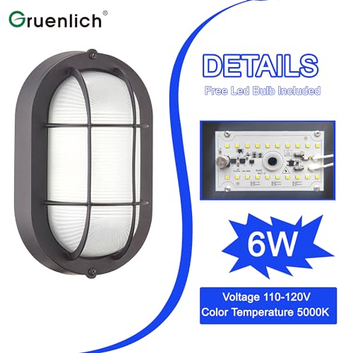 Gruenlich LED Bulkhead Light Worked as Wall Lantern Wall Sconce or Flush Mount Ceiling Light, 6W Replace 60W, 520 Lumen, Dimmable 5000K Daylight White, Water-Proof for Outdoor, 2-Pack