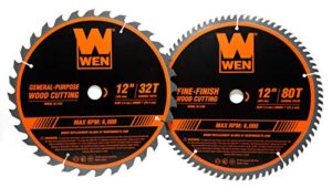 wen bl1232-2 12-inch 32-tooth and 80-tooth carbide-tipped professional woodworking saw blade set, two pack