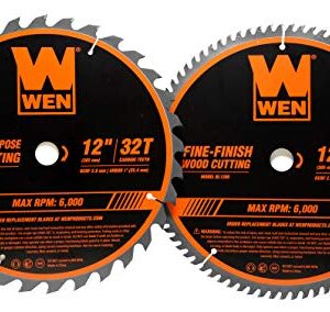 WEN BL1232-2 12-Inch 32-Tooth and 80-Tooth Carbide-Tipped Professional Woodworking Saw Blade Set, Two Pack