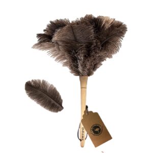genuine ostrich feather duster fluffy natural with wooden handle and eco-friendly reusable handheld cleaning supplies, gray and brown(length 16")