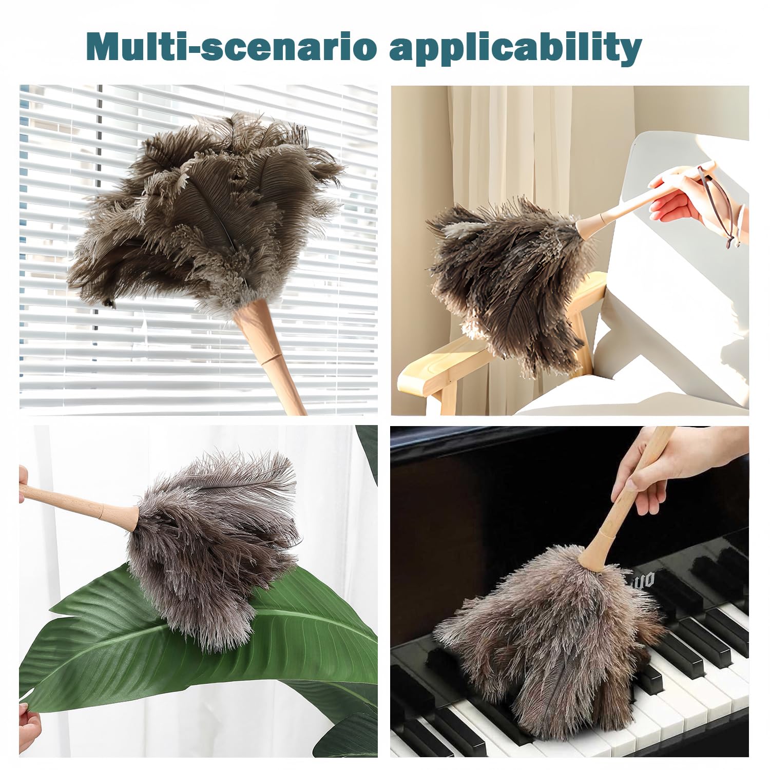 Genuine Ostrich Feather Duster Fluffy Natural with Wooden Handle and Eco-Friendly Reusable Handheld Cleaning Supplies, Gray and Brown(Length 16")