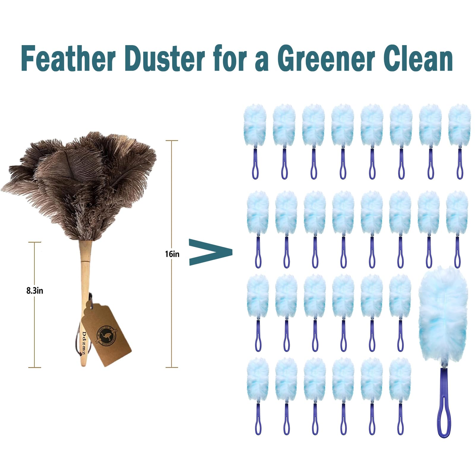 Genuine Ostrich Feather Duster Fluffy Natural with Wooden Handle and Eco-Friendly Reusable Handheld Cleaning Supplies, Gray and Brown(Length 16")