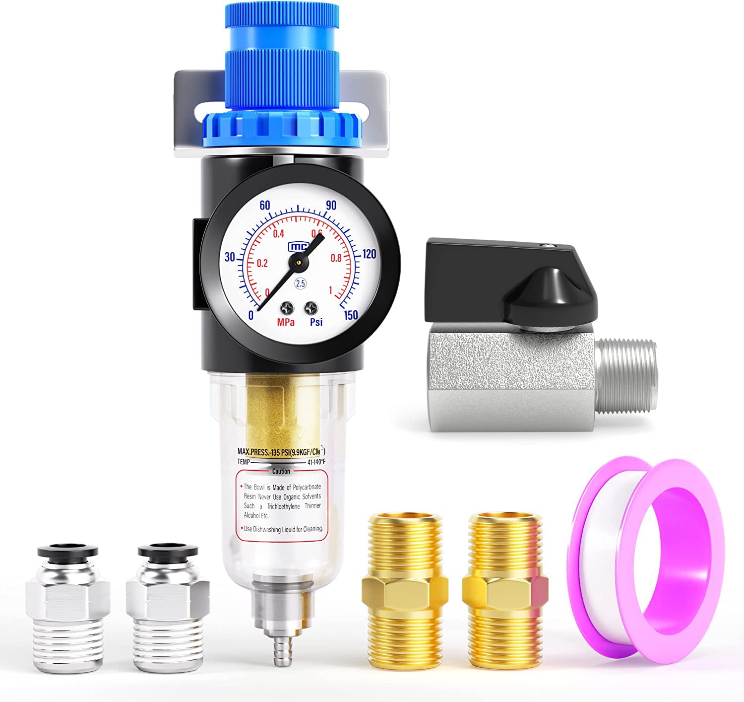 TAILONZ PNEUMATIC 1/4 Inch NPT AFR2000 Air Filter Pressure Regulator Kit（0 to 145 Psi）5 Micron Brass Element Air Tool Compressor Filter with Gauge