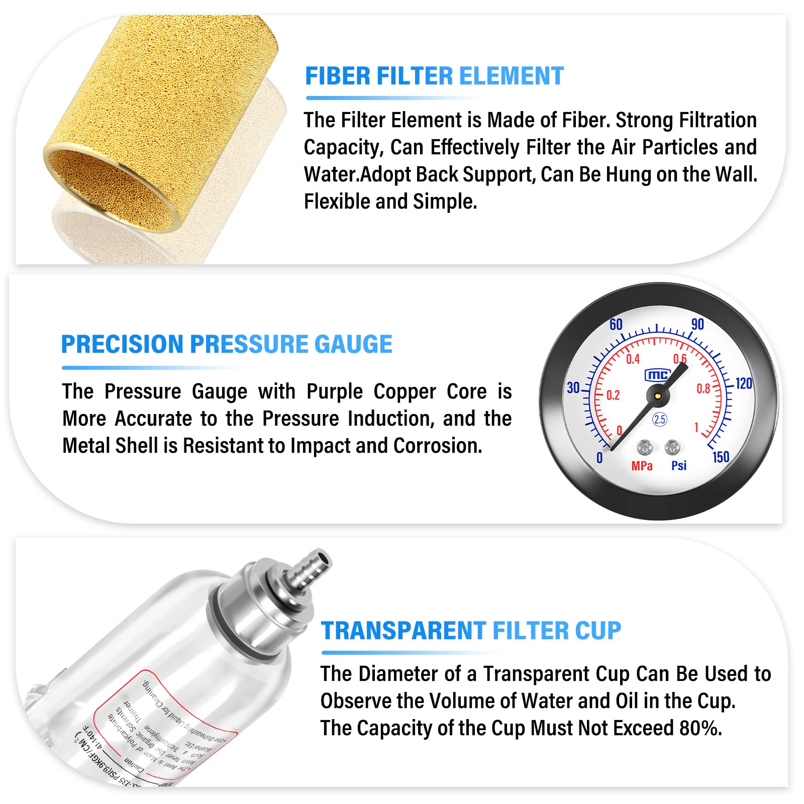 TAILONZ PNEUMATIC 1/4 Inch NPT AFR2000 Air Filter Pressure Regulator Kit（0 to 145 Psi）5 Micron Brass Element Air Tool Compressor Filter with Gauge