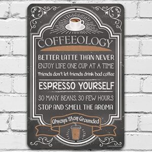 coffeeology coffee quotes - durable funny tin metal coffee sign - use indoor/outdoor - vintage wall decor & coffee accessories for coffee bar, restaurant, cafe, kitchen and dining room (8" x 12")?