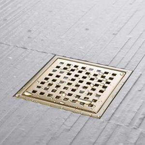 Orhemus Square Shower Floor Drain with Removable Cover Grid Grate 6 inch Long, SUS 304 Stainless Steel Brushed Gold Brass Finished