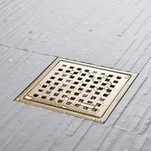 Orhemus Square Shower Floor Drain with Removable Cover Grid Grate 6 inch Long, SUS 304 Stainless Steel Brushed Gold Brass Finished