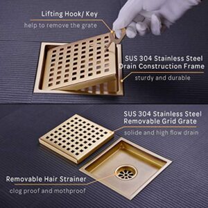 Orhemus Square Shower Floor Drain with Removable Cover Grid Grate 6 inch Long, SUS 304 Stainless Steel Brushed Gold Brass Finished