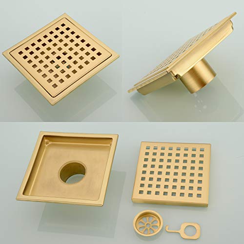 Orhemus Square Shower Floor Drain with Removable Cover Grid Grate 6 inch Long, SUS 304 Stainless Steel Brushed Gold Brass Finished