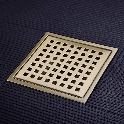 Orhemus Square Shower Floor Drain with Removable Cover Grid Grate 6 inch Long, SUS 304 Stainless Steel Brushed Gold Brass Finished