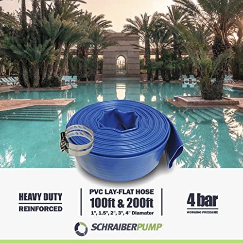Schraiberpump 2-Inch by 100-Feet- General Purpose Reinforced PVC Lay-Flat Discharge and Backwash Hose - Heavy Duty (4 Bar) 2 CLAMPS INCLUDED (2 INCH)