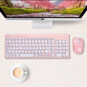 Pink Wireless Keyboard and Mouse Combo, cimetech Compact Full Size Pink Wireless Keyboard and Mouse Set 2.4G Ultra-Thin Sleek Design for Windows, Computer, Desktop, PC, Notebook, Laptop-(Pink)