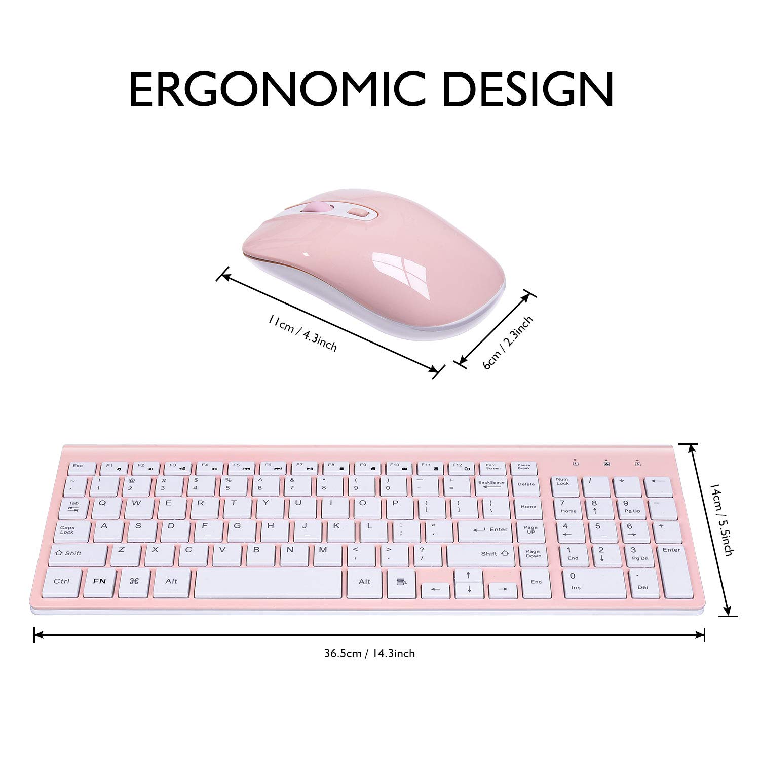 Pink Wireless Keyboard and Mouse Combo, cimetech Compact Full Size Pink Wireless Keyboard and Mouse Set 2.4G Ultra-Thin Sleek Design for Windows, Computer, Desktop, PC, Notebook, Laptop-(Pink)