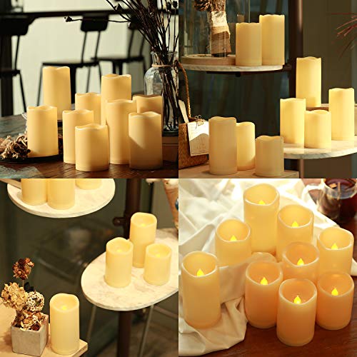 Enido Flameless Candles, LED Candles Outdoor Waterproof Candles(D: 3" x H: 4" 5" 6") Battery Operated Plastic Pack of 9 Pillar