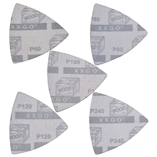 XXGO 100 Pcs 3-1/2 Inch 90mm Triangular 60/80 /100/120 /240 Grits Hook & Loop Multitool Sandpaper for Wood Sanding Contains 20 of Each Fit 3.5 Inch Oscillating Multi Tool Sanding Pad XG9020