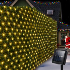 christmas net lights solar powered, 100 led 5ft x 5ft bush net light outdoor mesh lights auto on/off 8 modes for tree fence wall roof backyard bush decor (warm white)