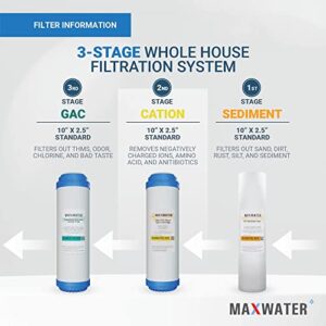 Max Water 3 Stage Water Softening10 inch Standard Water Filtration System for Whole House - Sediment + Cation Resin + GAC - ¾" Inlet/Outlet - Model : WH-SC8