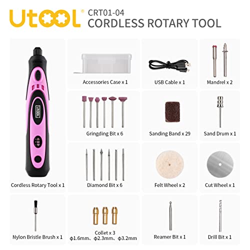 UtooL Cordless Rotary Tool Kit 4V with 42 Accessories, USB Charging Cable and 3-Speed Mini Rotary Tool for Nail Trimming, Cutting, Drilling, Etching, Sanding, Engraving, Polishing & DIY Crafts, Pink