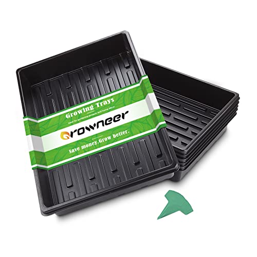 GROWNEER 6 Packs 15 x 11 x 2.6 Inches Plastic Growing Trays with 15 Pcs Plant Labels, Seed Tray Seedling Starter for Greenhouse, Hydroponics, Seedlings, Plant Germination